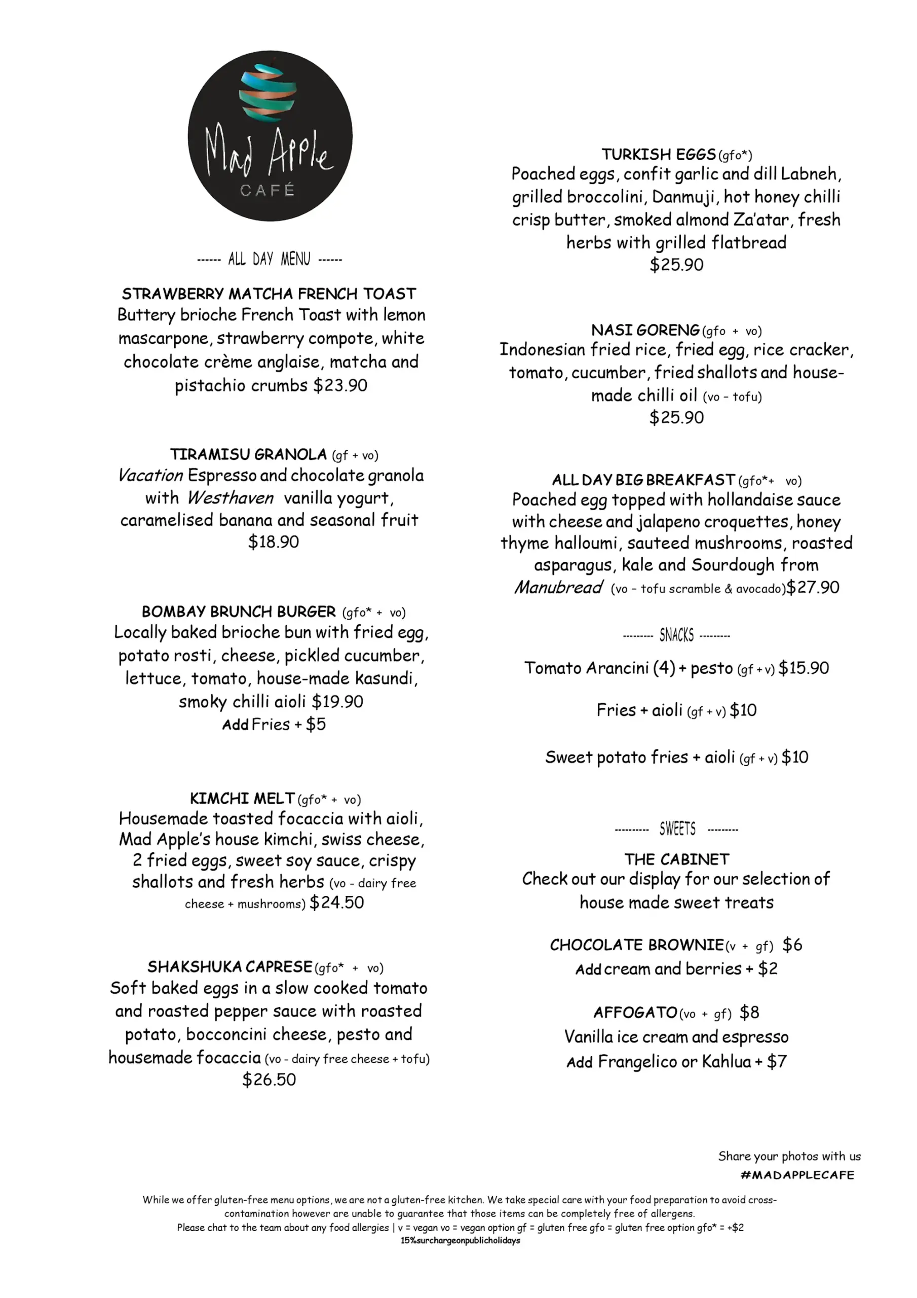 Mad Apple Café all-day menu with brunch dishes